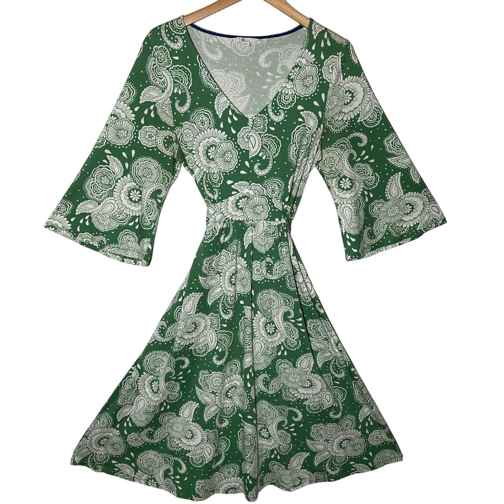 BODEN Quiet Luxury Green Paisley Trumpet Sleeve Tie Waist Midi Dress Soft Girl - Picture 9 of 14